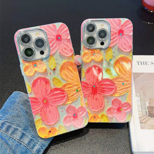 💯【Phone Case】+FREE Shipping 💯 Luxury Fashion Pink Yellow Flowers Geometric Blu-ray Oil Painting Flower Diamond Phone Case For iPhone 15 14 13 12 11 Pro Max Drip Fundas Shockproof Cover