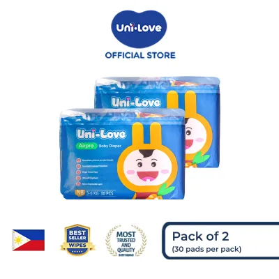 UniLove Airpro Baby Diaper 30s (Newborn) Pack of 2 - Hypoallergenic | Super Absorbent | Ultrasoft | Neutralizes PH Level | Double Leakguard | Taped type | Breathable