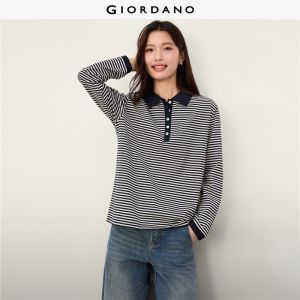 Giordano Beau Monde Women Striped contrast placket long sleeve polo shirt Free Shipping 13316614