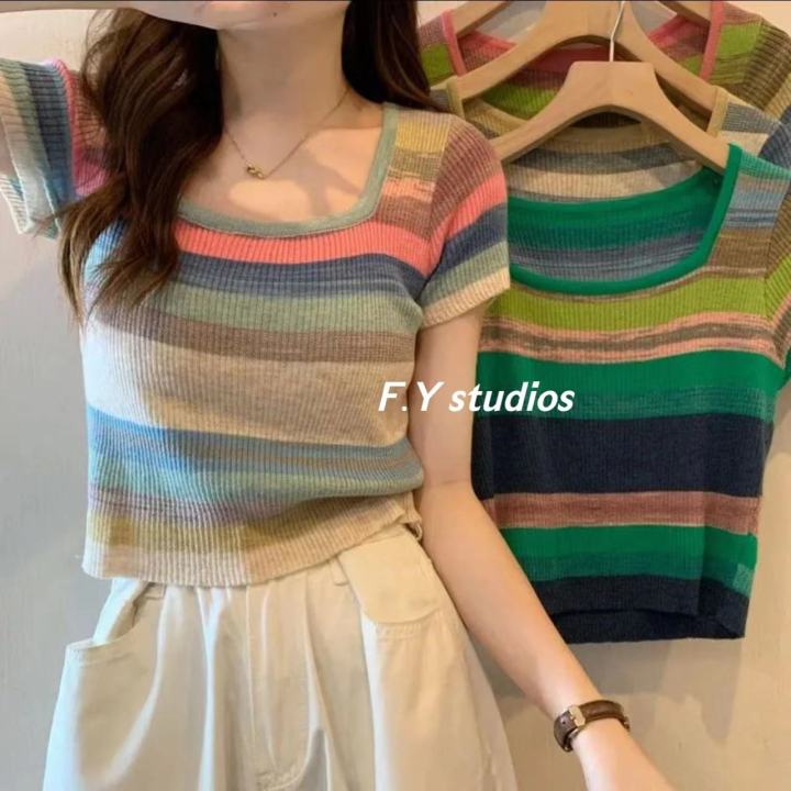 𝙁.𝙔 𝙨𝙩𝙪𝙙𝙞𝙤𝙨 🌸(พร้อมส่ง‼️)🌸NO.196 เสื้อยืดแขนสั้น คอสี่เหลี่ยม ผ้าถัก ...