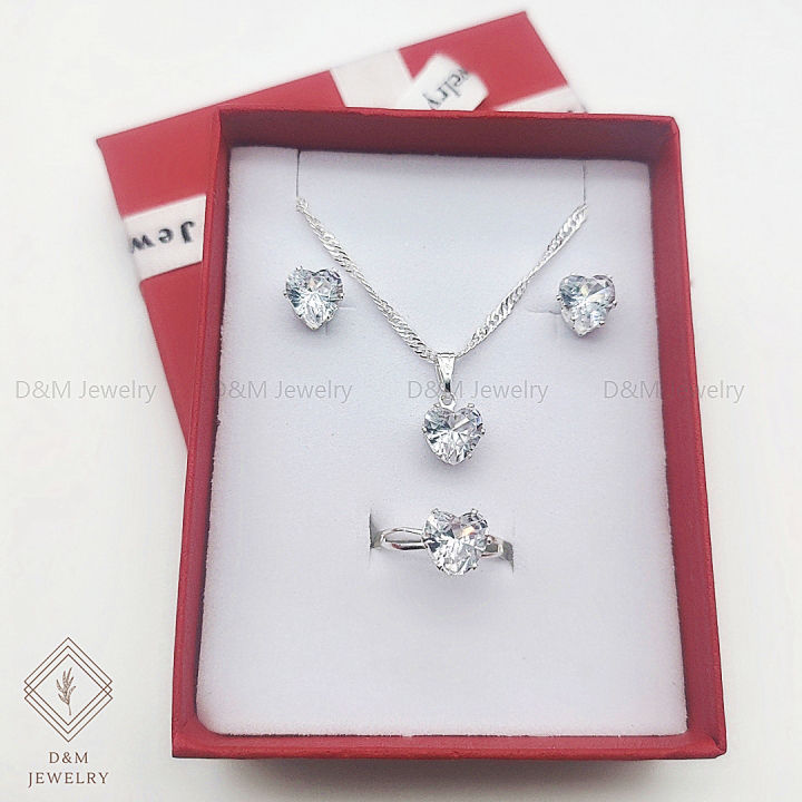 925 Silver 3in1 Earrings Necklace Ring Heart set Lazada PH