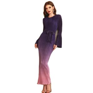 BIZOT Women Muslim Long Sleeve Abaya Maxi Dress Belted High Waist Pleated Robe Ramadan Dubai Hijab Kaftan Islamic