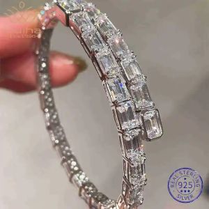 WUIHA 925 Sterling Silver Emerald Cut Lab Sapphire High Carbon Diamonds Gemstone Wedding Engagement Bracelet Bangle Fine Jewelry