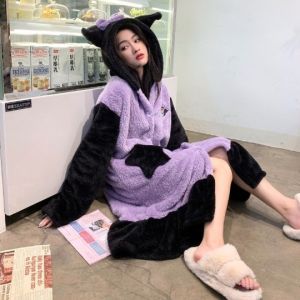 Women Coral Fleece Nightdress Cute Cartoon Snow White Nightgown Winter Thickened One-Piece Pajamas Cinnamoroll Dog Bathrobe Pajamas Flannel  Home Wear