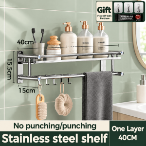 QLYX 3 Layers Stainless Steel Bathroom Shelf Bathroom Organizer Towel Rack Organizer Shelf Rack Wall Mounted With Hooks
