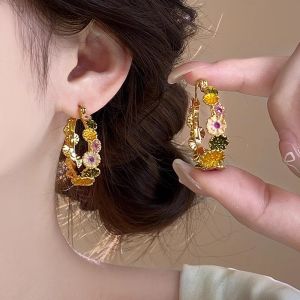 good 999 18K gold Unique design circle colorful daisy flower art ear buckle Earrings ES63680