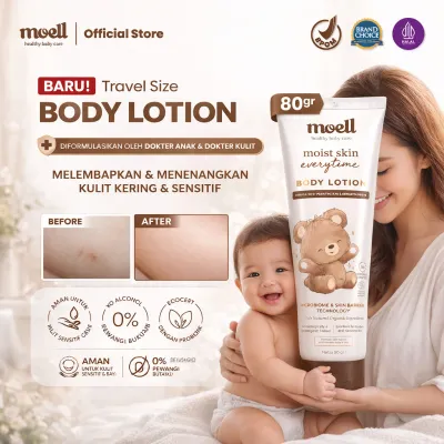Moell Body Lotion Bayi Travel Size 80gr - Melembapkan Kulit Badan Anak - Perawatan Kulit Kering dan Sensitif - Pelembap Bayi Anak Daily Use - Sensitif Kering Ruam - Skincare Bayi Formulasi Dokter dengan Microbiome Teknologi - Skincare Anak