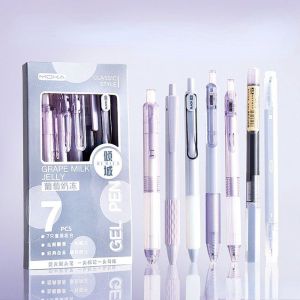7pcs/Set Retractable Pen 0.5mm Black Ink Ballpen Gel Pen Colorful Style Sign Pen Students Writing