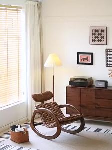 UrbanSpace SG- Vintage Style Light Luxury Solid Wood Single Leisure Rocking Chair Mid-century Living Room Balcony Fabric Lazy Backrest Sofa Chair