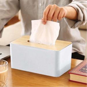 กล่องใส่ทิชชู่ กล่องใสกระดาษทิชชู่ สีขาวมีฝาปิดไม้ 🚩สินค้ามีพร้อมส่ง