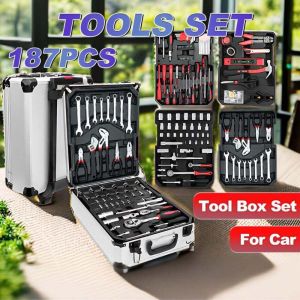 MECOME 187Pcs Trolley Box Type Tool Box Set Wheeled Trolley Socket Wrench Wrench Set Portable Professional Tools Set Hardware Tools