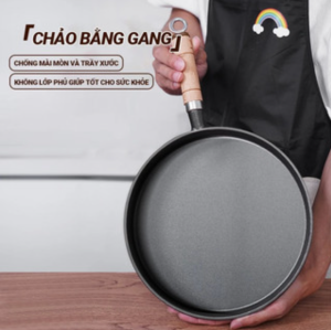 PVN73484 Chảo Gang Chống Dính 20cm Làm Bánh Xèo Bánh Khọt Chiên Rán Đa Năng – Quai Gỗ Cách Nhiệt Cao Cấp