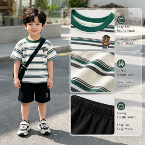AILEBE Kids Sets Vintage Bear Print Striped Short Sleeve Top Shorts Set Soft Breathable Pearl Fabric All-Year PH Wear Round Neck Easy Dress Elastic Waist Comfy Pambahay OOTD For Baby Boys Girls 6Months – 9Years