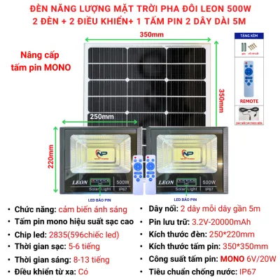 Đèn Led Năng Lượng Mặt Trời Shop Nhật PhongĐèn Pha Đơn Leon Trang Trí Sân Vườn 300W500W Cảm biến ánh sáng RemotChống nước IP67 Bảo hành 12 Tháng