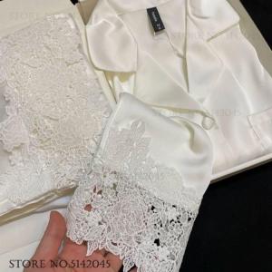 Luxury Women Pajamas Set Night Wear Elegant White Silk Satin Lace Sleepwear Trouser Suit Home Clothes Loose Casual Loungewear2026