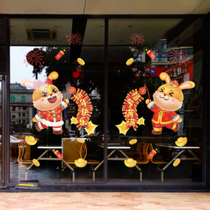 Decal trang trí Tết - Trung Thu - 2 Chú thỏ cầm dây pháo và những cục vàng nhỏ