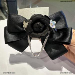 [COD] SweetBabiese Temperament Sparkling Rhinestone Chain French Camellia Multi-layer Bow Hair Clip Ladies Headwear Hair Accessories
