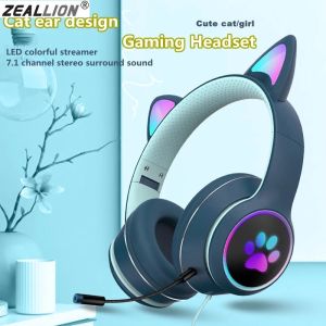 Zeallion Bluetooth Wireless/ Wired Headset Helmets Gamer Headphones LED RGB Cat Ear with Headset With Microphone Earphones For Kids Girl Gift
