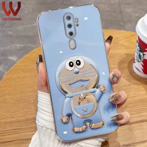 VWTEROKAI Electroplated 3D cartoon Doraemon stand holder phone case For OPPO F1S F11 F7 F9 F5 A71 A5 2020 A9 2020 A52 A92 A55 A53 A33 A83 A74 A95 camera protect Gold Plating Soft Silicone back cover