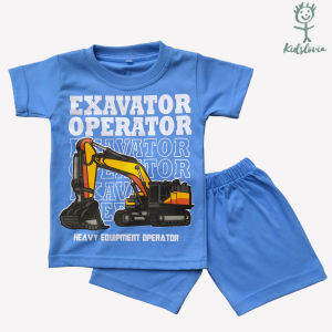 Setelan Kaos Anak Laki Laki Cowok Alat Berat Excavator Katun Anak Balita Usia 1 2 3 4 5 6 Tahun
