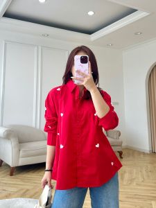 SJM KEMEJA BORDIR LOVE MERAH PUTIH LENGAN PANJANG KATUN POPLIN OVERSIZED SIMPLE 88299