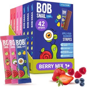 Bob Snail Fruit Leather Stripes – Mix Flavors Blueberry Raspberry Strawberry – Sugar Free Vegan Natural Healthy Fruit Snacks for Adults and Kids 42 Bars (Pack of 7 588g)