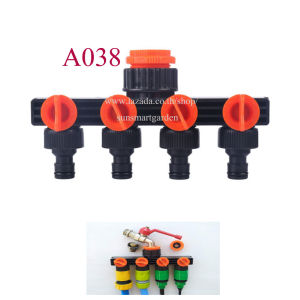 A038 ต่อแยกก๊อกน้ำ 4 ทาง ต่อกับเกลียวปลายก็อก 4 หุน 6 หุน หรือ 1 นิ้ว  หัวต่อทางออก 4 ทางแบบ สวมเร็วตัวผู้ ระบบน้ำ ประปา ล้างรถ รดน้ำต้นไม้