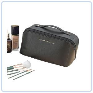 【DAILY ESSENTIAL】 PU Cosmetic Storage Bag with Handle in Plain and Checkered Styles