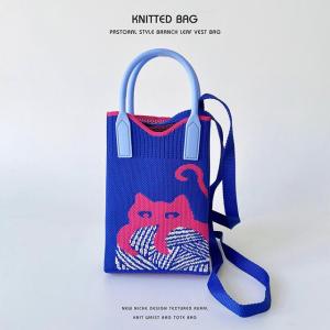 New Fashion Polyester Fabric Crossbody Shoulder Bag for Women Knitting Cute Cat Pattern Handbag Casual Capacity Shopper Tote Bags