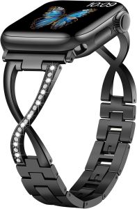 Metal Bands Compatible with Watch Band for Women 38mm 40mm 41mm 42mm 44mm 45mm 46mm 49mm Bling Dressy X-Shape Bracelet for iWatch Ultra SE Series 11 10 9 8 7 6 5 4 3 (Black)