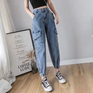 Goopepal Korean Style Women Jeans Casual Loose Fashion Denim Pants Slim Fit Elastic Waist Side Large Pockets Trousers Overalls