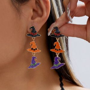HPVDBP Rhinestone Halloween Earrings Zircon Crystal Witch Hat Dangle Earrings Exquisite Gothic Pumpkin Ear Studs All Saints Day