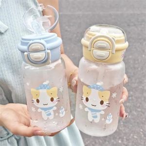 500ML Cute Cat Water Bottle With Lid Simple Straw Portable Plastic Cup For Kids Outdoor School Travel Drinking Water Bottles2026