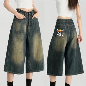 Baggy Denim Long Jorts for Men Over Knee Jeans Straight Wide Leg for Men and Women Dancer Denim Shorts Skeleton Print