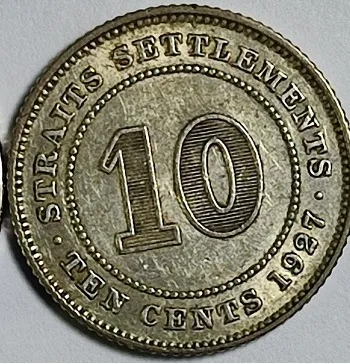 Good circulated condition 1927 Straits Settlements Ten Cents Silver Coin (Coin in cardholder)