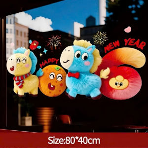 Sticker dán kính Tết Happy New Year 80x40cm hình ngựa 3D miếng dán trang trí cửa kính tĩnh điện