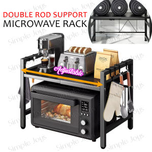 (Double Support Rod) Microwave Rack Adjustable Oven Rack Shelf Kitchen Countertop Organiser Rack Oven Stand Toaster Rack