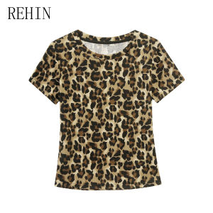 REHIN เสื้อยืดลายเสือดาวแขนสั้นคอกลมแฟชั่นใหม่ฤดูร้อนเก๋ไก๋อเนกประสงค์เสื้อตัวในหรูหรา (S-3XL)