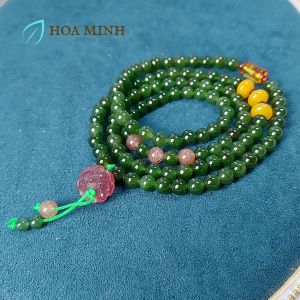 Vòng tay chuỗi 108 hạt Ngọc Bích Nephrite tự nhiên size 5.7 li phối charm hoa sen thạch anh dâu lu thống hổ phách hạt bánh xe mã não | Hoa Minh Gem