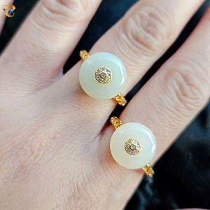 Premium Grade Donut Ping An Kou Nephrite Jade Gold Full S925 Silver Adjustable Ring