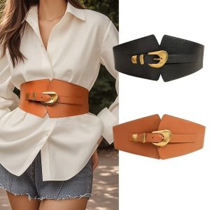 CANICECA Geometric Buckle Elastic Waist Belt PU Thin Effect Elastic Waist Seal Fashionable Solid Color Womens Slimming Belt Women