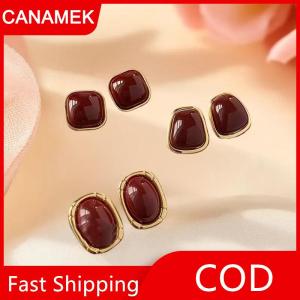 【CANAMEK】 Vintage Men rượu vang đỏ kim loại Stud Bông tai cho phụ nữ thời trang hình vuông Bông Tai Thanh Lịch Đồ trang sức cưới phụ kiện