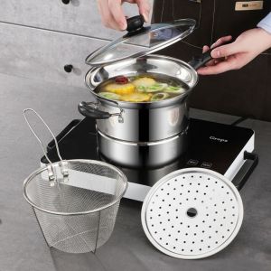 SEJUE4373 with Frying Basket and Steamer Deep Fryer Pot Stainless Steel Japanese Stockpot Kitchen Cookware Visible Lid Pasta Pot Tempura