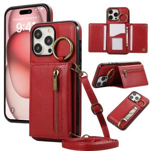 Crossbody Cards Solt Triple Wallet Leather Zipper Case For iPhone 15 16 Pro Max 14 Plus 13 12 11 XS XR SE2022 Ring Holder Cover