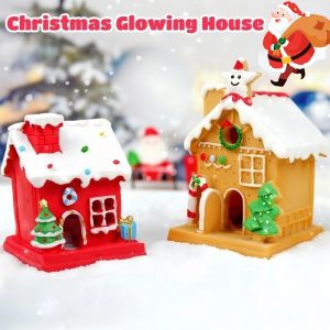 Christmas LED House Resin Luminous Castle Village Miniature House Xmas Gift Ornaments New Year Decor