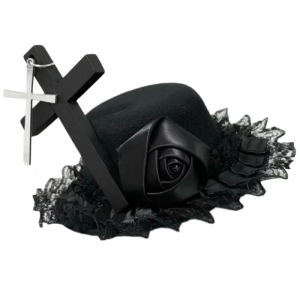 Dark Series Punk Crossed Small Hat Hairpiece with Lace Trim Rose Flower Fascinator Hair Clip For Cosplay And Festival