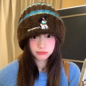 FLEURS Thickened Striped Beanie Fluffy Elastic Warm Skullcap Ear Protection Hat Casual Dog Embroidered Cap Outdoor