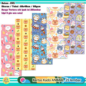 Murah!! (1Set 25lmbr) Kertas kado motif ANIMAL CUTE B kertas kado karakter kertas kado animal cute Kertas Kado Setara Sanwa Sansan Wawa