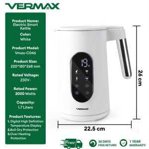 Vermax Smart Electric Kettle 1.7L 2000W Double layer Stainless Steel Household Water Kettle Precise Temperature Control Digital Display Memory function Cool to touch Fast Boiling Anti-Burnout Prote ction Silent