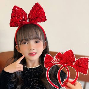 POUKL  Bowknot Children Headband Crown Sequin Red Bow Hairband Sweet Baby Headwear New Year Headwear Children